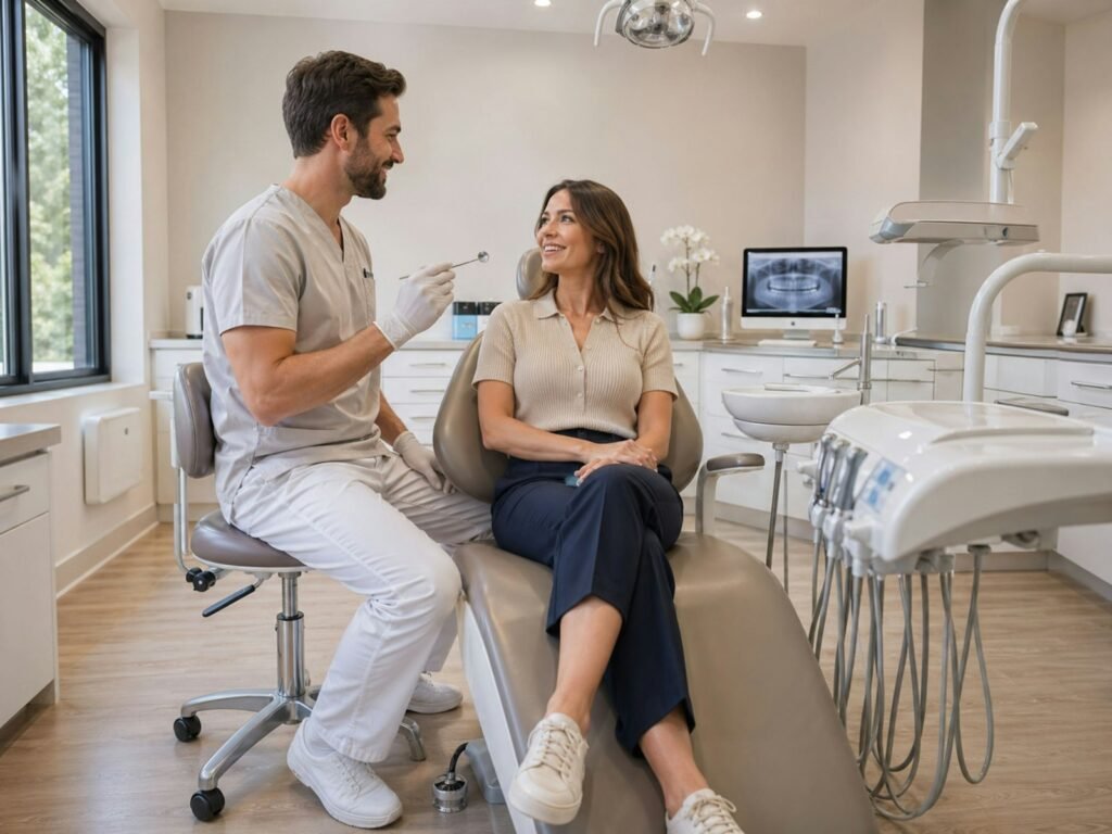 Dentista che parla con una paziente durante la visita