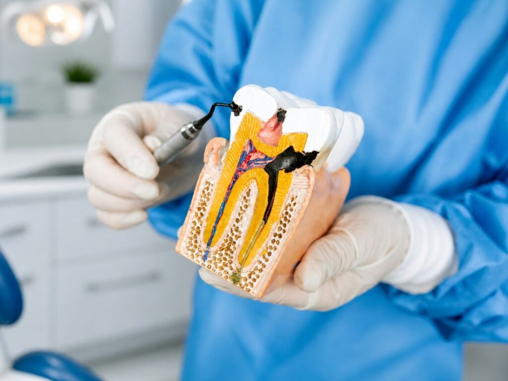 Modello di dente in sezione con radici