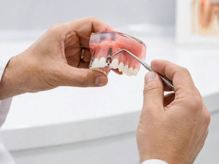 Dentista che mostra una protesi su un modello